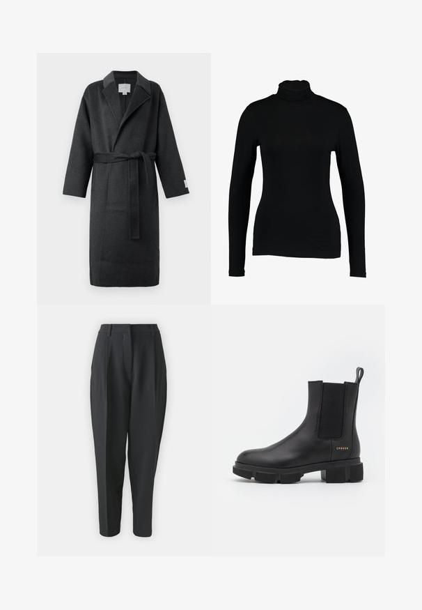 Mørkegrå uldkåbe med bælte, reverskrave og brede ærmer. Har sidelommer og en struktureret overflade for varme.; Sort langærmet turtleneck top lavet af glat stof, med et tætsiddende design og høj hals, velegnet til lag-på-lag brug eller som en selvstændig beklædningsgenstand.; Sorte skræddersyede bukser med høj talje, plisseringer og indsnævret ben. Glat stof uden synlige mønstre eller udsmykninger.; Sorte læder ankelstøvle med elastiske sidepaneler og en kraftig mønstret sål. Har en pull tab og guld branddetalje. Mat finish.