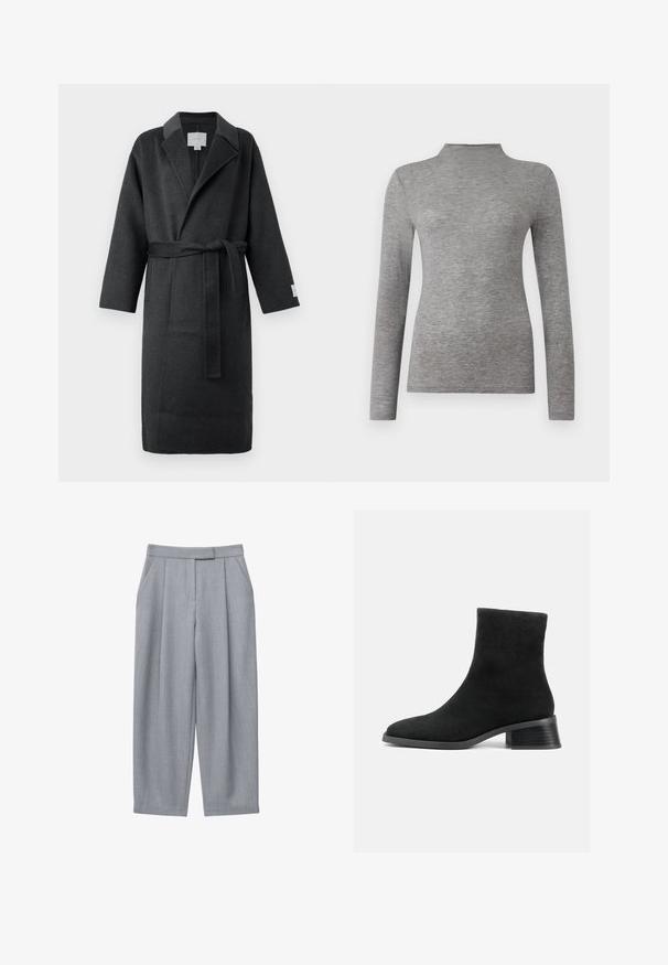 Bata de lana gris oscuro con cinturón, cuello de solapa y mangas anchas. Presenta bolsillos laterales y un acabado texturizado para mayor calidez.; Top gris de manga larga con un cuello alto, hecho de una suave tela texturizada. Presenta un corte ajustado y sin patrones o acentos visibles.; Pantalones grises con un diseño entallado, que incluyen pliegues, bolsillos laterales y corte recto en las piernas. Textura suave y cintura de tiro medio.; Botín de ante negro hasta el tobillo con punta redondeada, caña corta y tacón bajo apilado. Textura suave sin patrones ni adornos visibles.
