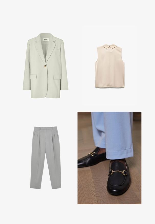 Vaaleanharmaa yksi-nappinen bleiseri, jossa notkkolakaukset, kaksi läppätaskua, rintatasku ja pitkät hihat.; Beige ilmanhiha blouse, jossa on terävä kaulus, sileä kangas ja avaus takana. Minimalistinen muotoilu ja säädetty malli.; Vaaleanharmaat viralliset housut, joissa edessä laskokset, sivutaskut, vyölenkit ja kapeaksi kaartuvat lahkeet.; Mustat nahkaloaferit, joissa on kultainen metallikiristys, puettuna vaaleansinisten housujen kanssa puulattialla.