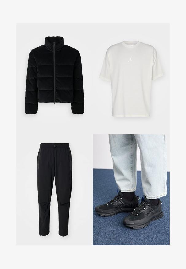 Schwarze Cordura-Puffjacke mit hohem Kragen und einem vorderen Reißverschluss. Verfügt über gesteppten Bereiche zur Isolierung und langen Ärmeln.; Weißes Baumwoll-T-Shirt mit Rundhalsausschnitt, kurzen Ärmeln und kleinem gesticktem Logo in der Mitte. Lässiger Schnitt mit minimaler Naht.; Schwarze, leichte outdoor Hosen mit elastischem Bund und verstellbarem Zugschnur. Ausgestattet mit Reißverschlusstaschen und tapered Bündchen.; Schwarze Sportschuhe aus strukturiertem Stoff mit Gummisohlen, ausgestattet mit elastischen Schnürsenkeln und einem blauen Akzent an der Ferse. Getragen mit hellen Jeans.