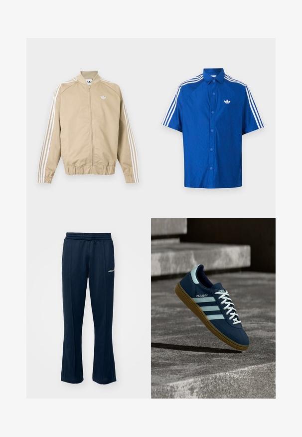 Chaqueta deportiva beige con cremallera, con triple raya blanca en las mangas y logo blanco de Adidas trefoil en el pecho.; Camisa azul de manga corta con botones, con el logo blanco de Adidas en el pecho y tres franjas blancas que recorren los hombros y las mangas.; Pantalones de chándal azul marino con cinturilla elástica, piernas rectas y costuras laterales sutiles. Presenta un pequeño logo blanco en la cadera izquierda.; Zapatilla azul Adidas Spezial con rayas y cordones blancos, suela de goma, flotando sobre una superficie de hormigón rugosa y escaleras de fondo.