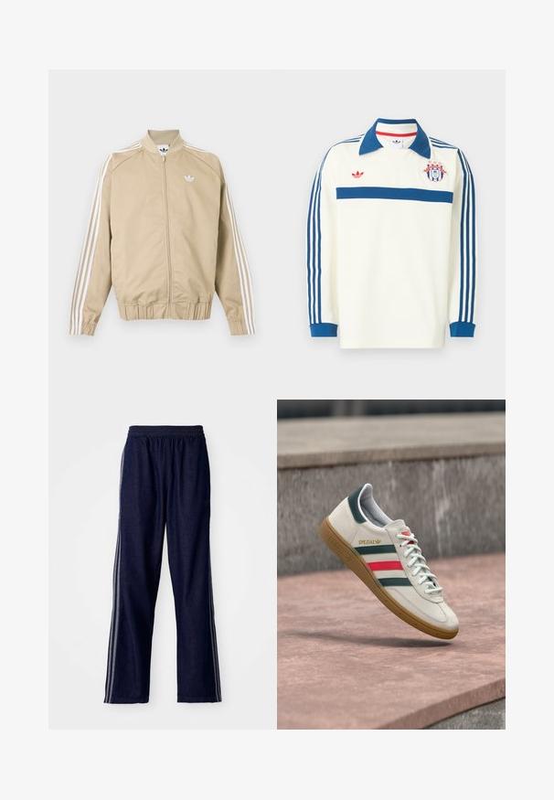 Chaqueta deportiva beige con cremallera, con triple raya blanca en las mangas y logo blanco de Adidas trefoil en el pecho.; Camiseta deportiva de manga larga blanca con cuello azul, rayas azules en las mangas, franja azul en el pecho, logo rojo y un emblema de escudo con estrellas en el pecho.; Pantalones deportivos azul marino con cintura elástica, que presentan tres franjas laterales blancas y un diseño de pierna recta. Textura de mezclilla suave.; Zapatilla blanca Adidas con franjas verdes y rojas, suela de goma y marca "SPEZIAL" flotando sobre pavimento de piedra.