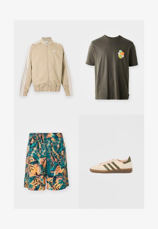 Beige lynlåstrøje med hvide tredoble striber ned ad ærmerne og et hvidt Adidas trefoil-logo på brystet.; Mørkeolivengrøn bomulds t-shirt med rund hals. Har et farverigt trykt design af cirkulære former på venstre brystområde.; Badetights med et mønster af orange, teal og sorte jungleblade, lavet af letvægtsstof med en elastisk talje for komfort.; Beige Adidas Spezial sneaker med lav profil, grønne striber, gummisål og "SPEZIAL"-branding på siden, vist fra ydersiden.