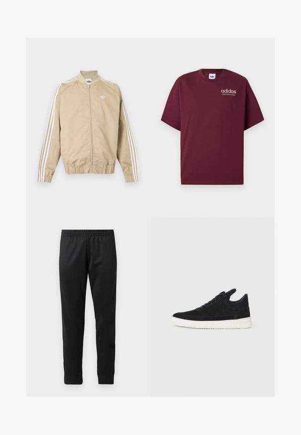 Beigen värinen vetoketjullinen urheilutakki, jossa valkoiset kolmoisraidat hihoissa ja valkoinen Adidas trefoil -logo rintakehässä.; Burgundy lyhythihainen t-paita, joka on valmistettu puuvillasta. Ominaisuuksiin kuuluu pyöreä kaula-aukko ja pieni valkoinen "adidas"-logo, jonka alla lukee "SPORT DESIGN STUDIO".; Mustat urheiluhousut, jotka on valmistettu sileästä kankaasta. Niissä on joustava vyötärö, kapeat lahkeet ja ribbisaumat nilkoissa.; Mustat mokkasiinikenkiä valkoisella kumipohjalla, jossa on sävy sävyyn ompelu ja nauhakiinnitys. Sujuva pinta ja moderni, virtaviivainen muoto.