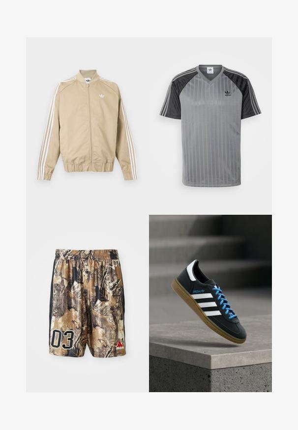 Beežist lukuga spordijakk valgete kolmekordsete triipudega varrukatel ja valge Adidas trefoil logoga rinnal.; adidas Originals Trükipildiga T-särk - black/grey; Kameele šortsid elastse vöökohtaga, pruunide ja mustade toonide seguga, suured valged numbrid "03" ja punane Adidas logo.; Must Adidas toss valgete triibu, siniste paelte ja kummist tallaga, hõljuv pehme valgusega halli betoonastme kohal.