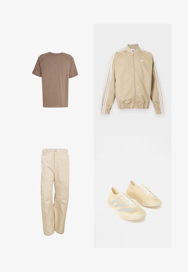Beige Trainingsjacke mit durchgehendem Reißverschluss, weißen dreifachen Streifen an den Ärmeln und weißem Adidas Trefoil-Logo auf der Brust.; adidas Originals TEE - T-Shirt basic - earth strata; Beige Baumwollhosen mit lockerer Passform, ausgestattet mit Knopfverschluss, Gürtelschlaufen, Seitentaschen und einer glatten Textur.; Beige leichte Sportschuhe mit strukturierter Oberfläche, Schnürdesign und drei hellgrauen Streifen an der Seite.
