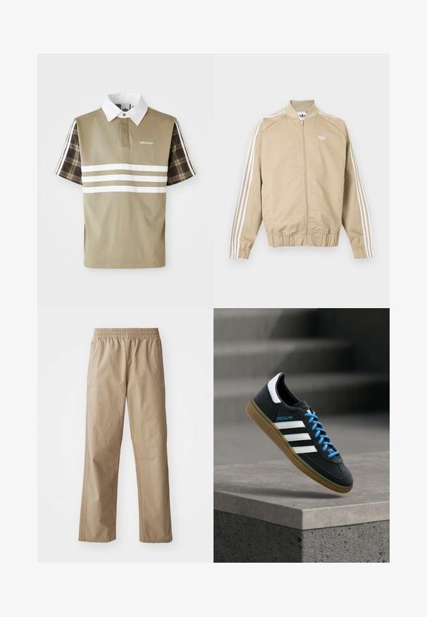 Beežist lukuga spordijakk valgete kolmekordsete triipudega varrukatel ja valge Adidas trefoil logoga rinnal.; Olive rohelises polo särk, millel on valged triibud ja lühi varrukatel ruuduline muster. Omab valget kraed ja logo rinnal.; Beežid, kerged püksid elastse vöökohaga, sirgete säärte ja küljetaskutega. Sile tekstuur peente õmblusedetailidega.; Must Adidas toss valgete triibu, siniste paelte ja kummist tallaga, hõljuv pehme valgusega halli betoonastme kohal.