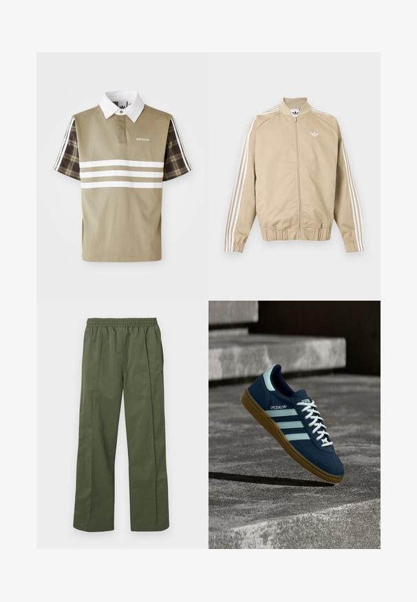 Béžová športová bunda na zips s bielymi trojitými pruhmi na rukávoch a bielym logom Adidas trefoil na hrudi.; Polo tričko v olivovej zelenej farbe s bielymi pruhmi a károvaným vzorom na krátkych rukávoch. Obsahuje biely golier a logo na hrudi.; Zelené, ľahké nohavice s širokými nohavicami, elastickým pásom a bočnými vreckami. Hladká textúra s voľným strihom, navrhnuté pre pohodlie.; Modré tenisky Adidas Spezial s bielymi pruhmi a šnúrkami, gumovou podrážkou, plávajúce nad drsným betónovým povrchom a schodmi v pozadí.