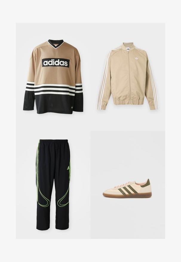 Chaqueta deportiva beige con cremallera, con triple raya blanca en las mangas y logo blanco de Adidas trefoil en el pecho.; Jersey deportivo de manga larga Adidas en color beige y negro con rayas blancas, fabricado en tejido de malla, y con el logo de Adidas en el pecho y el dobladillo inferior.; Pantalones deportivos Adidas negros con líneas curvas en verde neón y tres franjas en los laterales, cinturilla elástica y logo de Adidas en el muslo delantero.; Zapatilla Adidas Spezial beige de perfil bajo con rayas verdes, suela de goma y la marca "SPEZIAL" en el lateral, vista desde el lado exterior.