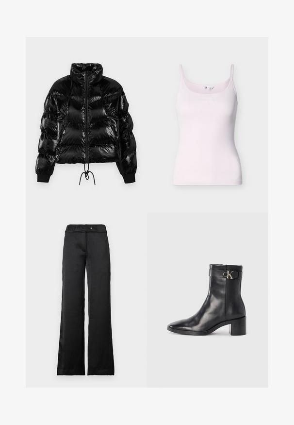 Sort puffjakke med skinnende, kviltet materiale, høj krave, frontlynlås og justerbar kant. Har ribbede manchetter for en tætsiddende pasform.; Lyserød ribstrikket camisole med tynde stropper og diskret Tommy Jeans-logo på brystet, vist på en hvid baggrund.; Sorte wide-leg bukser med en glat overflade, der har en talje og knaplukning. Simpelt design, velegnet til forskellige anledninger.; Sort læder ankelstøvle med spids tå, blokhæl og en rem med en metallisk logo detalje. Glat tekstur og minimalistisk design.