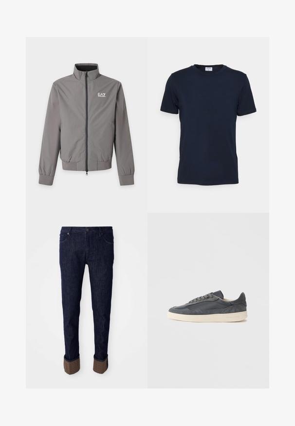 Harmaa vetoketjullinen takki korkealla kauluksella, joustavilla hihoilla ja helmalla, sekä valkoinen EA7 Emporio Armani -logo vasemmassa rinnassa.; Merinäytti sininen crew-neck t-paita, joka on valmistettu pehmeästä kankaasta. Lyhyet hihat ja klassinen istuvuus, jossa on etiketti kauluksessa. Sujuva rakenne, minimaalinen muotoilu.; Tummansinisiä farkkuja suoran leikkauksen kanssa, joissa on käännetyt lahkeet tekstuurilla varustetusta ruskeasta materiaalista, jossa on logokuvio. Vakioviisi-tasku design.; Tummanharmaat nahka- ja mokkanahkainen matalakärkiset tennarit, joissa on kermaisenvärinen kumipohja ja tasaiset nauhat.