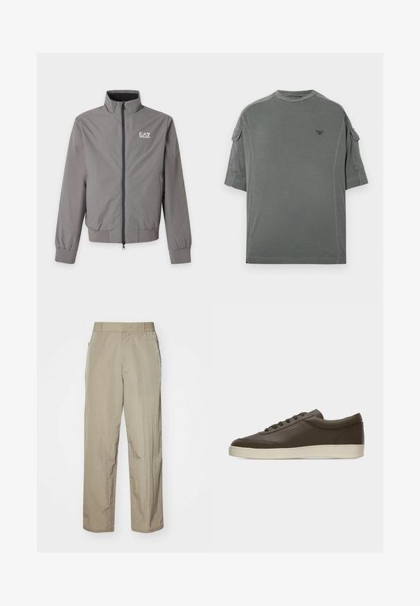 Harmaa vetoketjullinen takki korkealla kauluksella, joustavilla hihoilla ja helmalla, sekä valkoinen EA7 Emporio Armani -logo vasemmassa rinnassa.; Harmaa yläosan oversized-t-paita, jossa on lyhyet hihat, pyöreä pääntie, sivusauman yksityiskohdat ja pieni logo rinnassa.; Beige kevyet housut rentoa istuvuutta, joissa on elastinen vyötärö ja sivutaskut. Kangas näyttää teksturoidulta ja hieman ryppyiseltä.; Matala, tummanruskea nahkainen lenkkari, jossa edessä nyöritys ja vaaleanvärinen kuminauha, esitetty ulkopuolelta valkoisella taustalla.