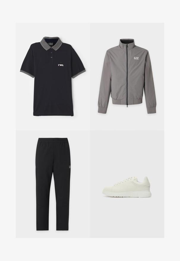 Sivá bunda na zips s vysokým golierom, elastickými manžetami a lemom a bielym logom EA7 Emporio Armani na ľavej strane hrude.; Námornícka polokošeľa vyrobená z bavlny s pruhovaným golierom. Obsahuje tri gombíky, krátke rukávy a logo na ľavej strane hrudníka.; Čierne zúžené športové nohavice s elastickým pásom a malým bielym logom "EA7 Emporio Armani" na hornej časti stehna.; Biele kožené tenisky s textúrovaným vrchom, zaoblenou špičkou, plochou bielou podrážkou a tonálnymi šnúrkami. Diskrétne logo na jazyku.