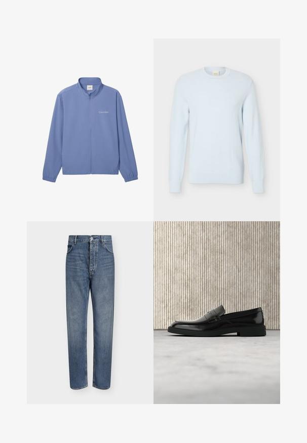 Lyseblå hættejakke med lynlås, lange ærmer, elastiske manchetter, høj krave og "Calvin Klein"-logo på venstre bryst.; Lyseblå langærmet strikket sweater med rund halsudskæring og tekstureret mønster, vist mod en ensfarvet hvid baggrund.; Straight-leg blå denim jeans med høj talje, frontknaplukning og fem-lomme design på en ensartet lys baggrund.; Sort poleret læderloafer flydende over beige tæppe med orange gennemsigtigt møbel i baggrunden.