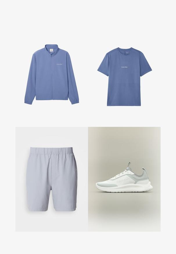 Lyseblå hættejakke med lynlås, lange ærmer, elastiske manchetter, høj krave og "Calvin Klein"-logo på venstre bryst.; Blå T-shirt med kortærmet rund hals i tekstureret stof og hvidt "Calvin Klein"-logo centreret på brystet.; Lysegrå badebukser med elastisk talje, to sidelommer og et glat, letvægtsstof. Ingen synlige mønstre eller udsmykninger.; Hvid og lysegrå lav-ankel Calvin Klein sneaker med snørebånd, trækflige på tunge og hæl, og en tyk struktureret sål.