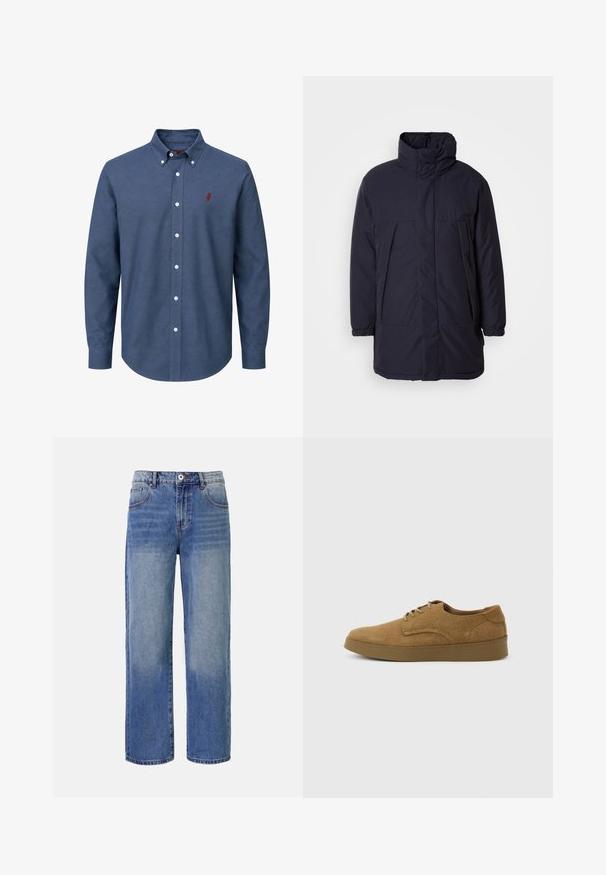 Marineblå polstret jakke med høj krave, frontlommer og elastiske manchetter. Glat stof med et minimalistisk design og ingen synlige lukninger.; Blå skjorte med lange ærmer, hvide knapper og en lille rød broderet logo på venstre bryst.; Lys blå denim bred benjeans med et falme mønster, fem lommer og lynlås i gylpen. Har en knap og bæltestropper i taljen.; Brun ruskindslærredsko med snørebånd og flad gummisål, set fra siden på en ensfarvet lys baggrund.
