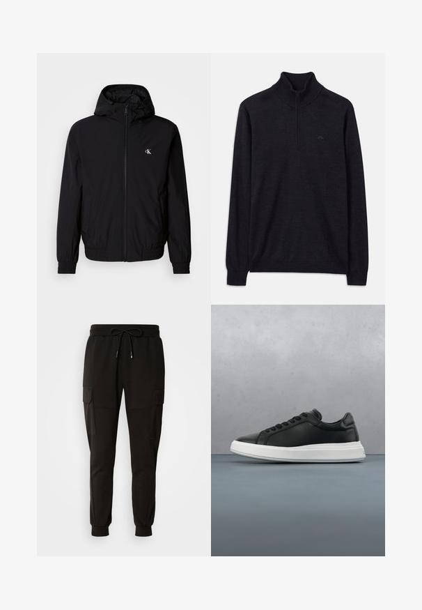 Sort letvægtsjakke med hætte, elastiske manchetter og kant, fuld lynlås foran og logo på venstre bryst. Glat, mat tekstur.; Sort langærmet sweater med ribbet høj krave og halv lynlås, med et subtilt logo på venstre bryst.; Sorte sweatpants med elastisk talje og snor. Har cargo-lommer på siden og elastiske manchetter ved anklerne.; Sorte lædersneakers med en glat overflade, hvid gummisål, afrundet form, seks øjer til snørebånd og diskret branding på hælen.