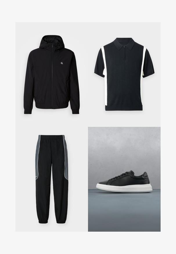 Čierna ľahká bunda s kapucňou, elastickými manžetami a spodným lemom, so zapínaním na celý zips vpredu a logom na ľavej strane hrudníka. Hladká, matná textúra.; Čierna polokošeľa s krátkym rukávom a zipsom pri krku, s bielymi bočnými panelmi a rebrovaným lemom. Tkanina má hladkú textúru a priliehavý strih.; Čierne tepláky s tmavošedými bočnými panelmi a bielym lemovaním, elastickým pásom a manžetami, zobrazené na bielom pozadí.; Čierne kožené tenisky s hladkým povrchom, biela gumová podrážka, zaoblený tvar, šesť dierok na šnúrky a decentné logo na päte.