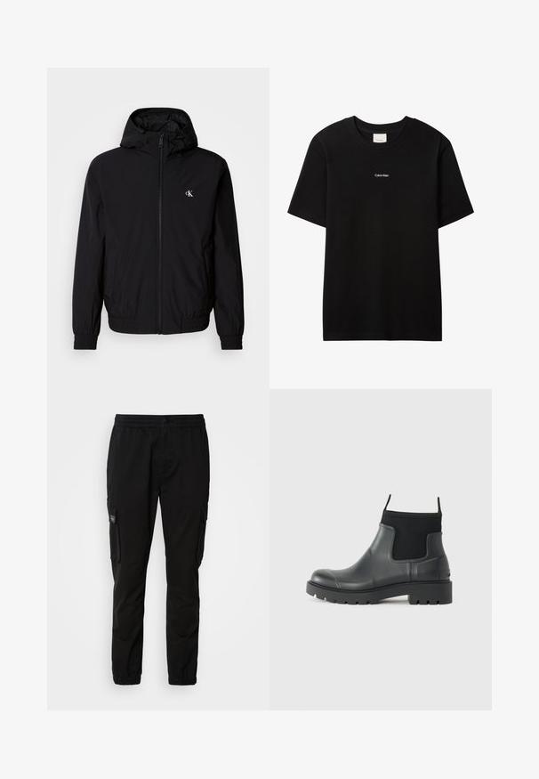Veste légère noire avec capuche, poignets et ourlet élastiques, fermeture éclair intégrale à l'avant, et logo sur la poitrine gauche. Texture lisse et mate.; T-shirt en coton noir avec col rond et manches courtes. Présente un petit logo "Calvin Klein" blanc sur le devant. Coupe classique et lisse.; Pantalons cargo noirs avec taille élastique, fermeture à bouton, deux poches latérales et deux poches cargo. Tissu lisse avec une coupe relaxée.; Bottines noires en caoutchouc avec une finition mate, présentant un design épuré, des panneaux élastiques et une semelle épaisse pour une meilleure traction.