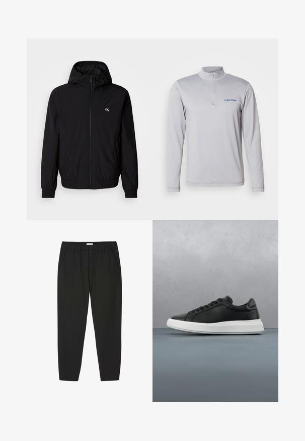 Čierna ľahká bunda s kapucňou, elastickými manžetami a spodným lemom, so zapínaním na celý zips vpredu a logom na ľavej strane hrudníka. Hladká, matná textúra.; Dlhý rukáv, svetlosivý pulóver na zips s textúrovanou látkou. Na hrudi je modré logo Calvin Klein. Jednoduchý, atletický dizajn.; Čierne nohavice s elastickým pásom, rovnými nohavicami a bočnými vreckami, určené na bežné alebo profesionálne nosenie.; Čierne kožené tenisky s hladkým povrchom, biela gumová podrážka, zaoblený tvar, šesť dierok na šnúrky a decentné logo na päte.