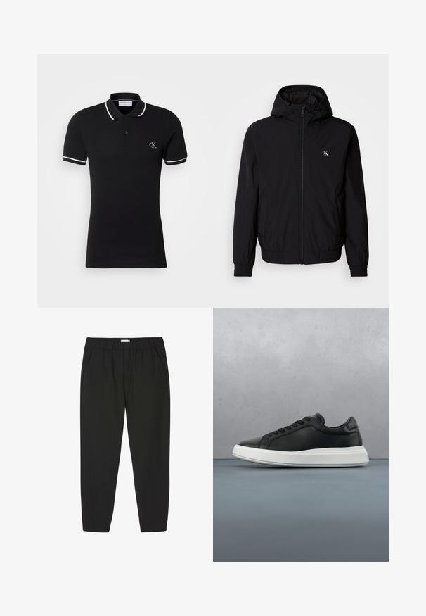 Zwarte lichtgewicht jas met capuchon, elastische manchetten en zoom, een rits over de volle lengte aan de voorkant en een logo op de linkerborst. Glad, mat oppervlak.; Zwart poloshirt met korte mouwen, witte bies op kraag en mouwen, knoopsluiting met twee knopen en klein wit "cK" logo op de linkerborst.; Zwarte broek met elastische taille, rechte pijpen en zijzakken, ontworpen voor casual of professioneel gebruik.; Zwarte leren sneaker met een gladde afwerking, witte rubberen zool, ronde vorm, zes openingen voor veters en subtiele branding op de hiel.