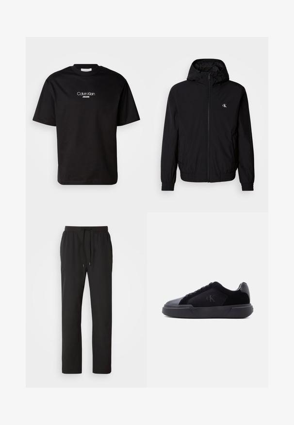 Sort letvægtsjakke med hætte, elastiske manchetter og kant, fuld lynlås foran og logo på venstre bryst. Glat, mat tekstur.; Sort bomulds t-shirt med rund hals, korte ærmer og hvid "Calvin Klein JEANS" logo på forsiden. Simpel og lige skåret design.; Sorte joggerbukser lavet af letvægtsstof, med elastisk talje med justerbare snore og sidelommer. Glat tekstur.; Sort lav sko med tyk sål, snørebånd foran og diskret "cK"-logo på sidespanden.