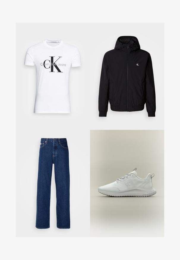 Čierna ľahká bunda s kapucňou, elastickými manžetami a spodným lemom, so zapínaním na celý zips vpredu a logom na ľavej strane hrudníka. Hladká, matná textúra.; Biele tričko s krátkym rukávom s veľkým čiernym "cK" a sivým "Calvin Klein Jeans" textovým logom na prednej strane.; Tmavomodré džínsy s širokým strihom, s gombíkovým zapínaním a klasickým piatym vreckovým dizajnom. Tkanina má hladkú textúru.; Biela nízka športová teniska s textúrovanou podrážkou, šnurovaním vpredu a logom "cK" na boku, zobrazená z profilu na neutrálnom pozadí.