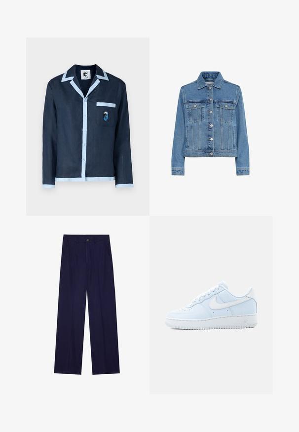 Vaaleansininen farkkutakki klassisella kauluksella, kahdella rintataskulla, napituksella edessä ja sivutaskuilla. Sisältää lyhyen leikkauksen ja ompeluyksityiskohtia.; Navy-linned shirts med lyseblå krave og lommebånd. Har en brystlomme med et broderet design. Knaplukning ned foran.; Laivansiniset leveälahkeiset housut, jotka on valmistettu pehmeästä kankaasta, ja niissä on yksi nappikiinnitys sekä kaksi etutaskua. Sileä, kuvioimaton pinta.; Valkoinen Nike Air Force 1 matalataittoinen lenkkikenkä nauhallisella suljeksella ja sivulla näkyvällä nimikkoswoosh-logolla yksinkertaisella taustalla.