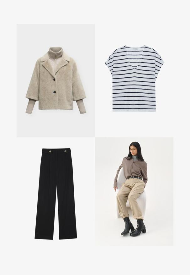 Manteau en fausse fourrure beige avec deux boutons noirs sur un pull beige côtelé à col montant avec fermeture éclair et manches longues.; Haut à manches courtes rayé en bleu clair et marine, avec un décolleté en V et un tissu doux et texturé avec des rayures horizontales.; Pantalons larges noirs à taille haute, avec des détails de boutons à la taille et des plis sur le devant.; Femme aux longs cheveux noirs appuyée sur une chaise blanche courbée, portant un chemisier taupe, un pantalon beige, une ceinture noire et des bottines noires à talons.
