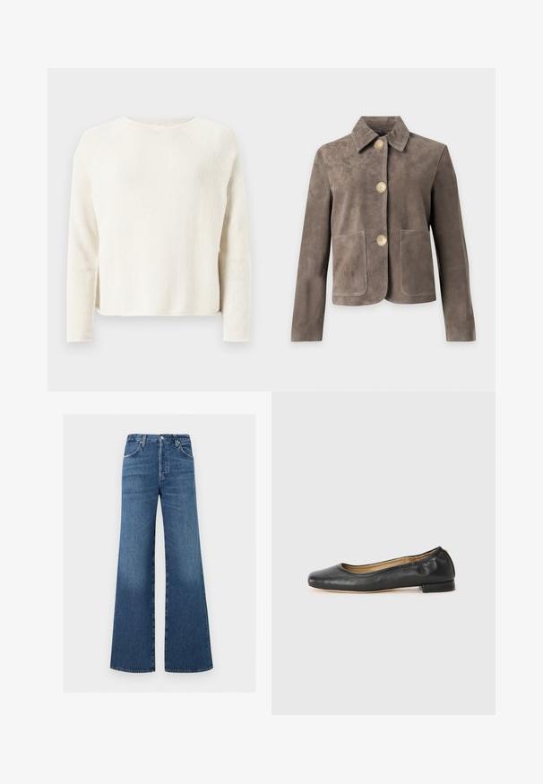 Veste en daim taupe à manches longues, trois grands boutons beige sur le devant, un col et deux poches plaquées devant.; Pull en tricot couleur crème à manches longues avec col rond et discrètes fentes latérales, présenté sur un fond gris clair.; Jean bleu taille haute à jambes larges, fermeture devant par bouton et zip, poches avant et arrière, passants pour ceinture.; Ballerines en cuir noir avec un bout arrondi et des coutures minimales. Talon bas et rectangulaire avec une texture lisse. Détails subtils de doublure intérieure.