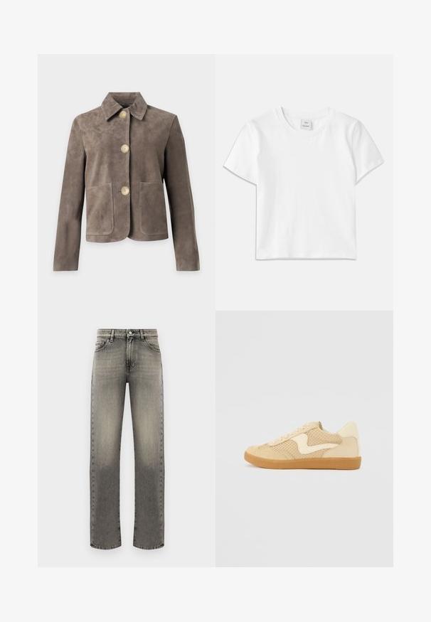 Taupekleurig suède jack met lange mouwen, drie grote beige knopen aan de voorkant, een kraag en twee opgestikte zakken vooraan.; Witte katoenen t-shirt met een ronde hals, korte mouwen en een rechte zoom. Label met "Won Hundred" aan de voorkant van de halslijn.; Grijze denim jeans met een recht model, met een vervaagd patroon, vijf zakken en stiksels langs de naden en tailleband.; Beige sneaker van suede en mesh materialen, ronde vorm, opvallende gepolsterde kraag en een gumrubberen zool. Kenmerkt zich door een golvend ontwerp accent.