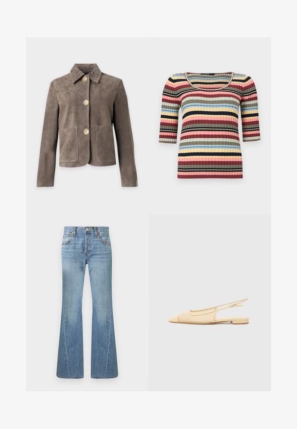 Veste en daim taupe à manches longues, trois grands boutons beige sur le devant, un col et deux poches plaquées devant.; Haut ajusté en maille côtelée avec manches aux coudes, encolure arrondie et rayures horizontales bleu marine, rose, jaune, bleu et beige.; Jean en denim bleu clair avec une taille haute, des jambes évasées et une bordure cloutée le long des poches avant et des passants de ceinture.; Chaussure plate slingback en beige clair avec une tige en maille, un bout pointu et un petit talon. Dotée d'une sangle ajustable pour un bon maintien.