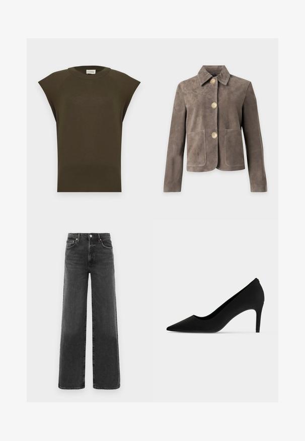 Veste en daim taupe à manches longues, trois grands boutons beige sur le devant, un col et deux poches plaquées devant.; Haut sans manches en maille vert olive foncé avec col rond et ourlet côtelé, présenté à plat sur un fond clair.; Jean en denim noir taille haute, coupe droite, avec bouton et fermeture éclair à l'avant, deux poches avant et deux poches arrière.; Chaussure à talon haut noire à bout pointu avec un talon fin et une finition mate et lisse, vue de profil sur fond blanc.