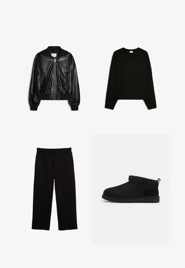 Veste bomber en similicuir noir avec fermeture éclair à l’avant, deux poches latérales, poignets et ceinture côtelés.; Pull noir à manches longues en maille avec poignets, ourlet et col rond côtelés, posé à plat sur fond blanc.; Pantalons de survêtement noirs en tissu doux, avec une taille élastique et un cordon de serrage, deux poches latérales et une coupe décontractée.; Bottines noires en daim avec une doublure douce et texturée, une semelle en caoutchouc basse et une languette à l'arrière pour un enfilage facile.