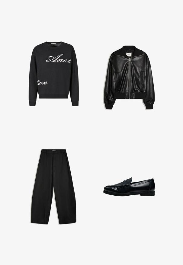 Veste bomber en similicuir noir avec fermeture éclair à l’avant, deux poches latérales, poignets et ceinture côtelés.; Pull en maille noir avec encolure ras du cou, comportant du texte en cursive blanc « Anon » sur le devant. Poignets et ourlet côtelés.; Pantalon noir à jambes larges, taille haute, fermeture à boutons et plis sur le devant, présenté sur fond blanc.; Mocassin penny loafer pour homme en cuir noir avec bout moc cousu et petit talon, présenté de profil sur fond blanc.