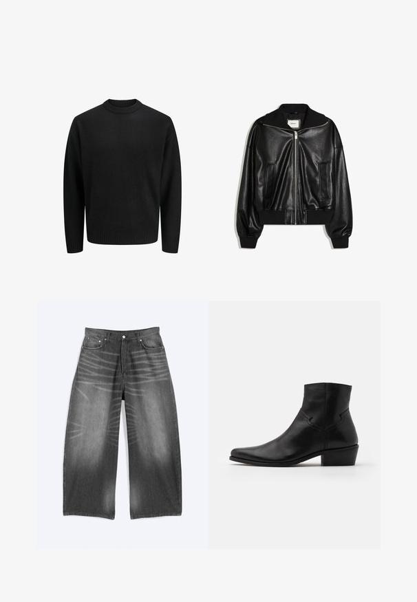 Veste bomber en similicuir noir avec fermeture éclair à l’avant, deux poches latérales, poignets et ceinture côtelés.; Pull en maille noir avec un col rond, doté de poignets et d'un ourlet à bords côtes. Texture douce, coupe classique, sans motifs ni accents visibles.; Jean en denim noir délavé à jambes larges avec poches avant et fermeture à boutons, présenté à plat sur fond clair.; Bottine en cuir noir à bout pointu, avec des détails de couture minimalistes, un talon carré de hauteur intermédiaire et une finition lisse et brillante.