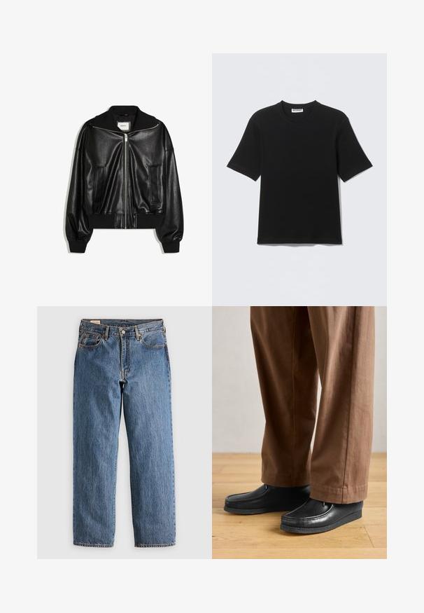 Zwarte bomberjas van imitatieleren met ritssluiting aan de voorkant, twee zijzakken, geribde boorden en tailleband.; Zwart T-shirt met korte mouwen en ronde hals, met een label "WEEKDAY" aan de binnenkant van de kraag, plat neergelegd op een lichte achtergrond.; Blauwe denim jeans met een rechte snit, met een hoge taille, koperen klinknagels en oranje stiksels. Voor- en achterzakken inbegrepen.; Zwarte leren schoenen met een mocassinstijl en steekdetails, gecombineerd met een paarse broek, op een houten vloer.