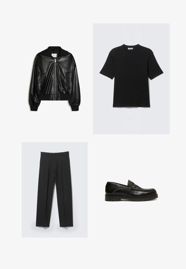 Veste bomber en similicuir noir avec fermeture éclair à l’avant, deux poches latérales, poignets et ceinture côtelés.; T-shirt noir à manches courtes avec col rond, portant une étiquette "WEEKDAY" à l'intérieur du col, présenté à plat sur un fond clair.; Pantalon noir ajusté avec plis avant, poches latérales, passants de ceinture et fermeture par bouton à la taille sur un fond clair.; Mocassin en cuir noir avec un design cousu, profil bas et semelle en caoutchouc texturé. Présente une large bande sur le devant et une finition lisse.