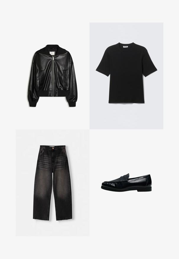 Veste bomber en similicuir noir avec fermeture éclair à l’avant, deux poches latérales, poignets et ceinture côtelés.; T-shirt noir à manches courtes avec col rond, portant une étiquette "WEEKDAY" à l'intérieur du col, présenté à plat sur un fond clair.; Jeans en denim noir à jambe large avec un design délavé, dotés de cinq poches, d'une fermeture à bouton et de détails de whiskering subtils sur le devant.; Mocassin penny loafer pour homme en cuir noir avec bout moc cousu et petit talon, présenté de profil sur fond blanc.