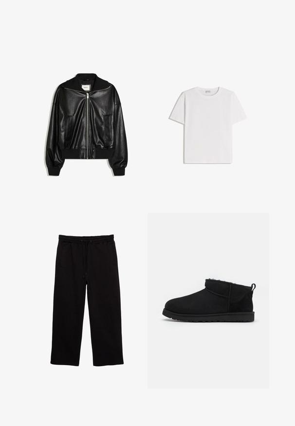 Veste bomber en similicuir noir avec fermeture éclair à l’avant, deux poches latérales, poignets et ceinture côtelés.; T-shirt en coton blanc avec un col rond et des manches courtes. Présente une coupe classique et carrée, sans motifs ni accents visibles.; Pantalons de survêtement noirs en tissu doux, avec une taille élastique et un cordon de serrage, deux poches latérales et une coupe décontractée.; Bottines noires en daim avec une doublure douce et texturée, une semelle en caoutchouc basse et une languette à l'arrière pour un enfilage facile.