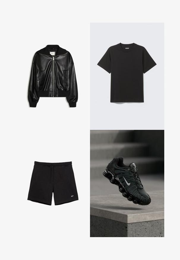 Veste bomber en similicuir noir avec fermeture éclair à l’avant, deux poches latérales, poignets et ceinture côtelés.; T-shirt en coton noir uni à manches courtes, col rond et étiquette de marque "WEEKDAY" à l'intérieur du col sur un fond gris clair.; Shorts noirs décontractés avec une ceinture élastique, un cordon de serrage, deux poches latérales et un petit logo blanc brodé sur la jambe gauche.; Chaussure de course Nike noire et gris foncé avec logo swoosh blanc suspendue au-dessus d'un rebord en béton, avec des escaliers en arrière-plan.