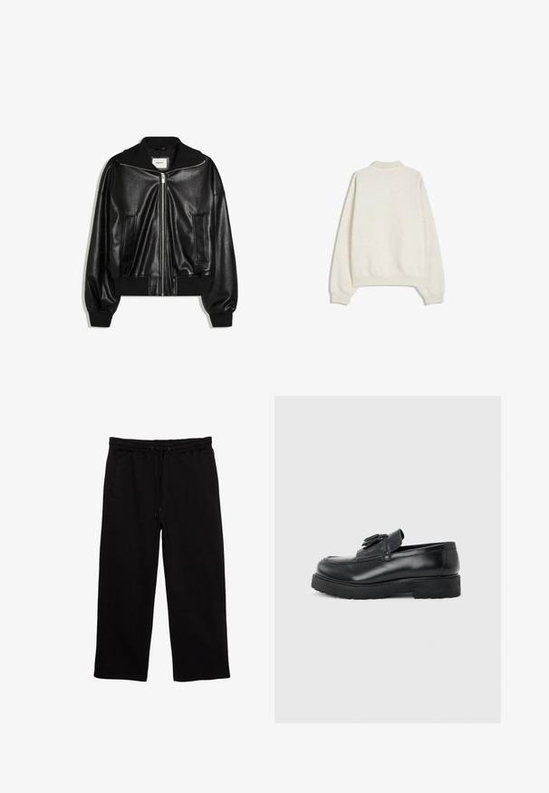 Veste bomber en similicuir noir avec fermeture éclair à l’avant, deux poches latérales, poignets et ceinture côtelés.; Sweatshirt gris clair avec un col arrondi, des épaules tombantes et des poignets côtelés. Texture douce et coupe décontractée, détails minimaux au dos.; Pantalons de survêtement noirs en tissu doux, avec une taille élastique et un cordon de serrage, deux poches latérales et une coupe décontractée.; Mocassin en cuir noir avec pampilles, semelle épaisse en caoutchouc et talon bas, présenté de profil sur un fond uni.