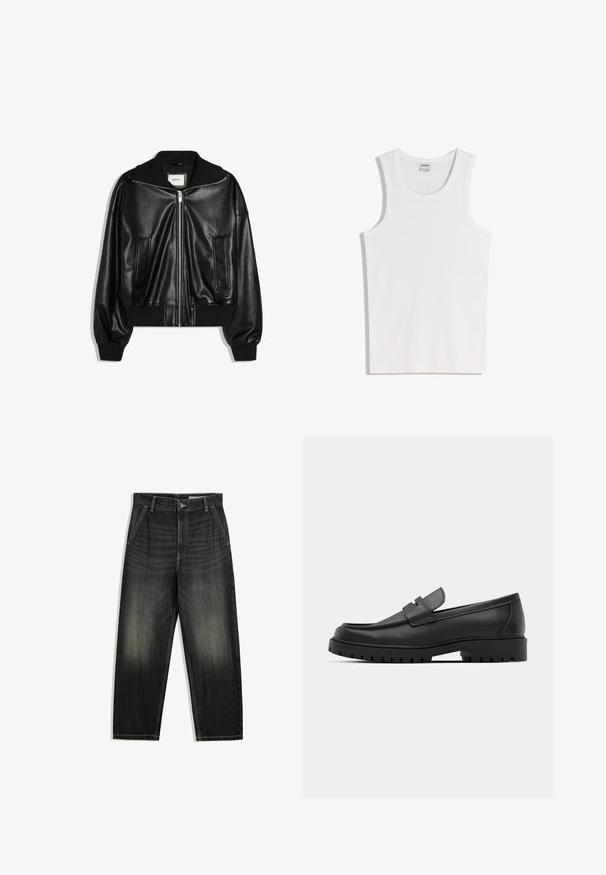 Veste bomber en similicuir noir avec fermeture éclair à l’avant, deux poches latérales, poignets et ceinture côtelés.; Débardeur blanc en coton avec un col rond et de larges bretelles. Texture lisse, sans motifs ni accents, design simple.; Jean en denim noir délavé avec une coupe droite, poches avant, passants pour ceinture et fermeture par bouton à la taille.; Mocassins en cuir noir à bout arrondi, avec un design cousu, une semelle plateforme basse et une semelle en caoutchouc texturée et crantée.