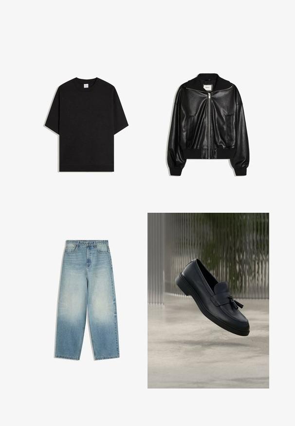 Veste bomber en similicuir noir avec fermeture éclair à l’avant, deux poches latérales, poignets et ceinture côtelés.; T-shirt noir à manches courtes avec col rond et bord-côte au col et à l'ourlet, devant uni, présenté sur un fond blanc.; Jean denim bleu clair à jambes larges avec poches avant, fermeture par bouton, et effet délavé sur les cuisses et les genoux.; Mocassins en cuir noir avec une texture lisse, un bout arrondi et des pampilles décoratives à l'avant. Semelle en caoutchouc flexible avec un petit talon.