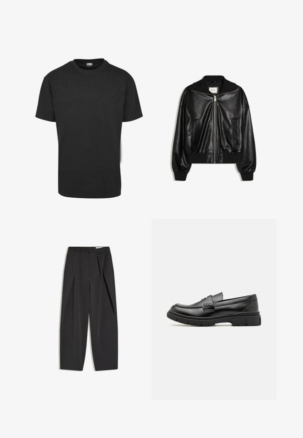 Veste bomber en similicuir noir avec fermeture éclair à l’avant, deux poches latérales, poignets et ceinture côtelés.; T-shirt en coton noir à manches courtes, col rond et coupe standard. Le tissu semble lisse et sans décoration.; Pantalon noir taille haute, coupé droit, avec pinces et passants de ceinture, présenté à plat sur un fond blanc.; Mocassin en cuir noir avec une large sangle sur le devant, semelle en caoutchouc à épaisse rainure, et texture lisse. Design classique et élégant.