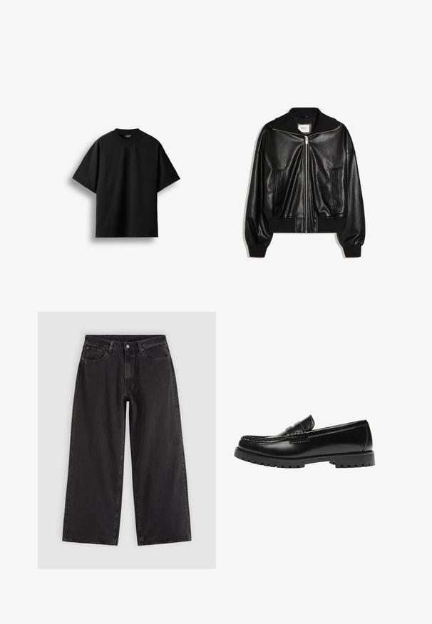 Veste bomber en similicuir noir avec fermeture éclair à l’avant, deux poches latérales, poignets et ceinture côtelés.; T-shirt noir à manches courtes et col rond, présenté à plat sur un fond blanc avec une petite étiquette visible au niveau du col.; Jean en denim noir à jambes larges avec poches avant, passants pour ceinture et fermeture par boutons, présenté sur un fond clair uni.; Mocassin en cuir noir avec une semelle en caoutchouc épaisse et un détail classique de bride à monnaie, vu de côté extérieur.