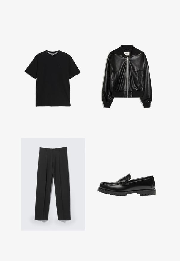 Veste bomber en similicuir noir avec fermeture éclair à l’avant, deux poches latérales, poignets et ceinture côtelés.; T-shirt noir à manches courtes et col rond, avec un petit logo brodé sur le côté gauche de la poitrine et une étiquette intérieure rayée au niveau du col.; Pantalon noir ajusté avec plis avant, poches latérales, passants de ceinture et fermeture par bouton à la taille sur un fond clair.; Mocassin en cuir noir avec une semelle en caoutchouc épaisse et un détail classique de bride à monnaie, vu de côté extérieur.