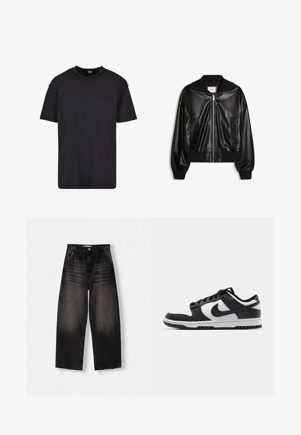 Veste bomber en similicuir noir avec fermeture éclair à l’avant, deux poches latérales, poignets et ceinture côtelés.; T-shirt noir à manches courtes en coton, avec un col rond, une coupe décontractée et des détails de couture minimalistes sur les épaules.; Jeans en denim noir à jambe large avec un design délavé, dotés de cinq poches, d'une fermeture à bouton et de détails de whiskering subtils sur le devant.; Baskets Nike Dunk en noir et blanc avec une tige en cuir, un bout perforé, des lacets noirs et une semelle en caoutchouc noir avec un motif de semelle.
