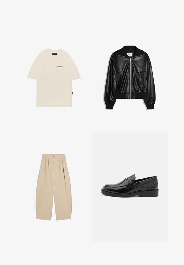 Veste bomber en similicuir noir avec fermeture éclair à l’avant, deux poches latérales, poignets et ceinture côtelés.; T-shirt beige à manches courtes avec petit texte noir "RETERNITY CREATIVE DEPARTMENT" sur la poitrine gauche et étiquette noire sur la couture latérale.; Pantalon beige taille haute à jambes larges avec plis, passants pour ceinture, fermeture par bouton et zip avant dissimulé.; Mocassins en cuir noir avec une finition lisse, un bout rond, un petit talon et descoutures décoratives à l'avant. Semelle en caoutchouc pour l'adhérence.