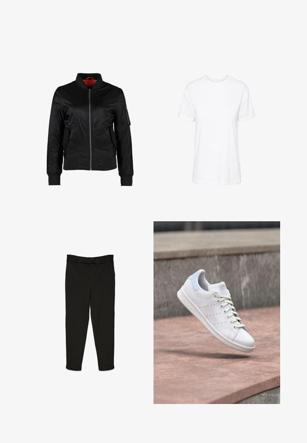Chaqueta bomber negra ligera con cremallera frontal, puños y bajo acanalados, bolsillos laterales y un bolsillo con cremallera en la manga izquierda.; Camiseta blanca de algodón con mangas cortas, cuello redondo y un corte holgado, con una textura suave y sin patrones visibles.; Pantalones negros de tela tejida, con un diseño de corte recto, parte delantera plana y puños en los tobillos para un aspecto estilizado.; Zapatilla deportiva de cuero blanco con lengüeta trasera azul claro, rayas laterales perforadas y cordones, flotando sobre escalones de piedra al aire libre.